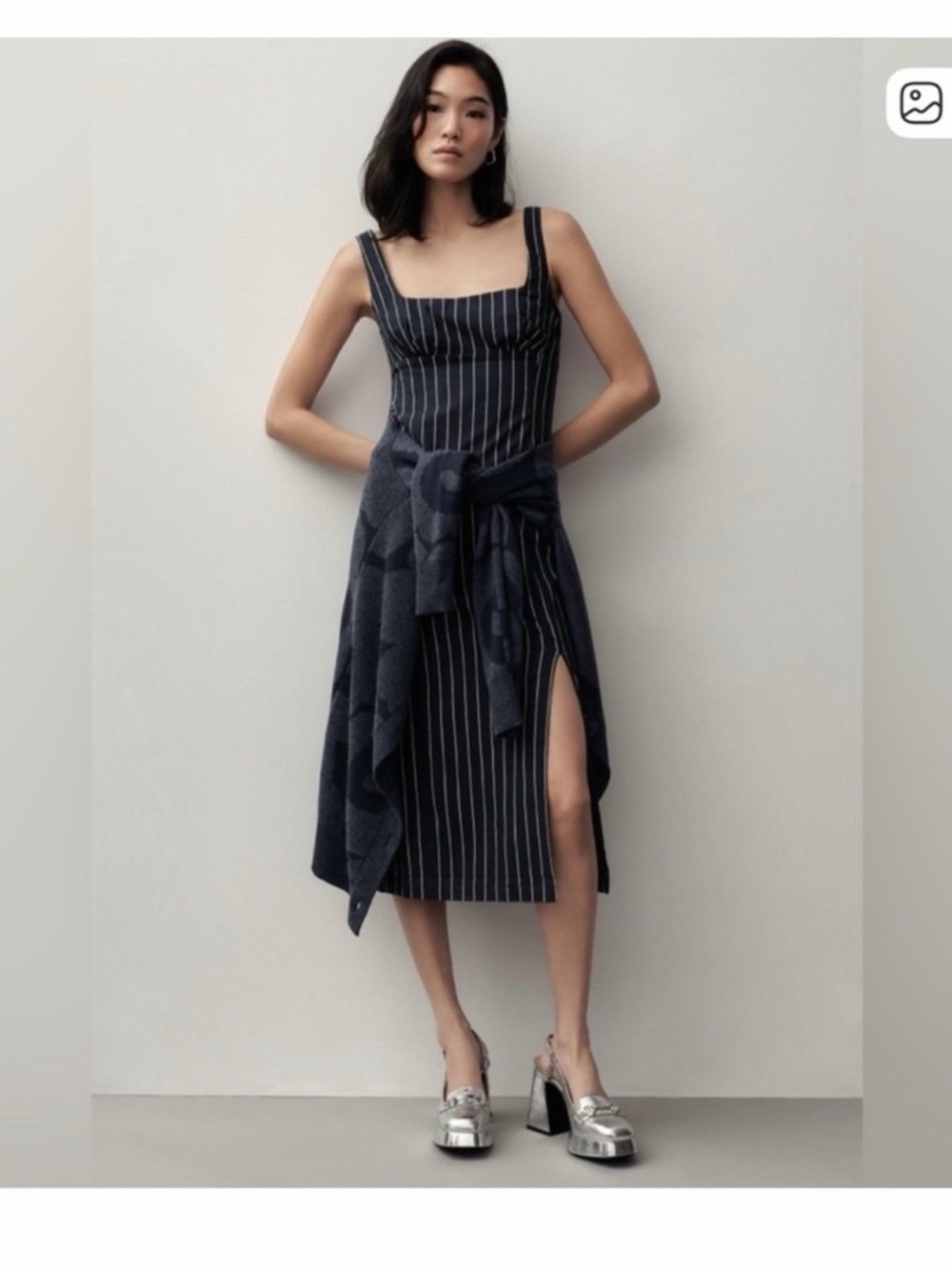 Anthropologie Navy Pinstripe Square-Neck Midi Dress